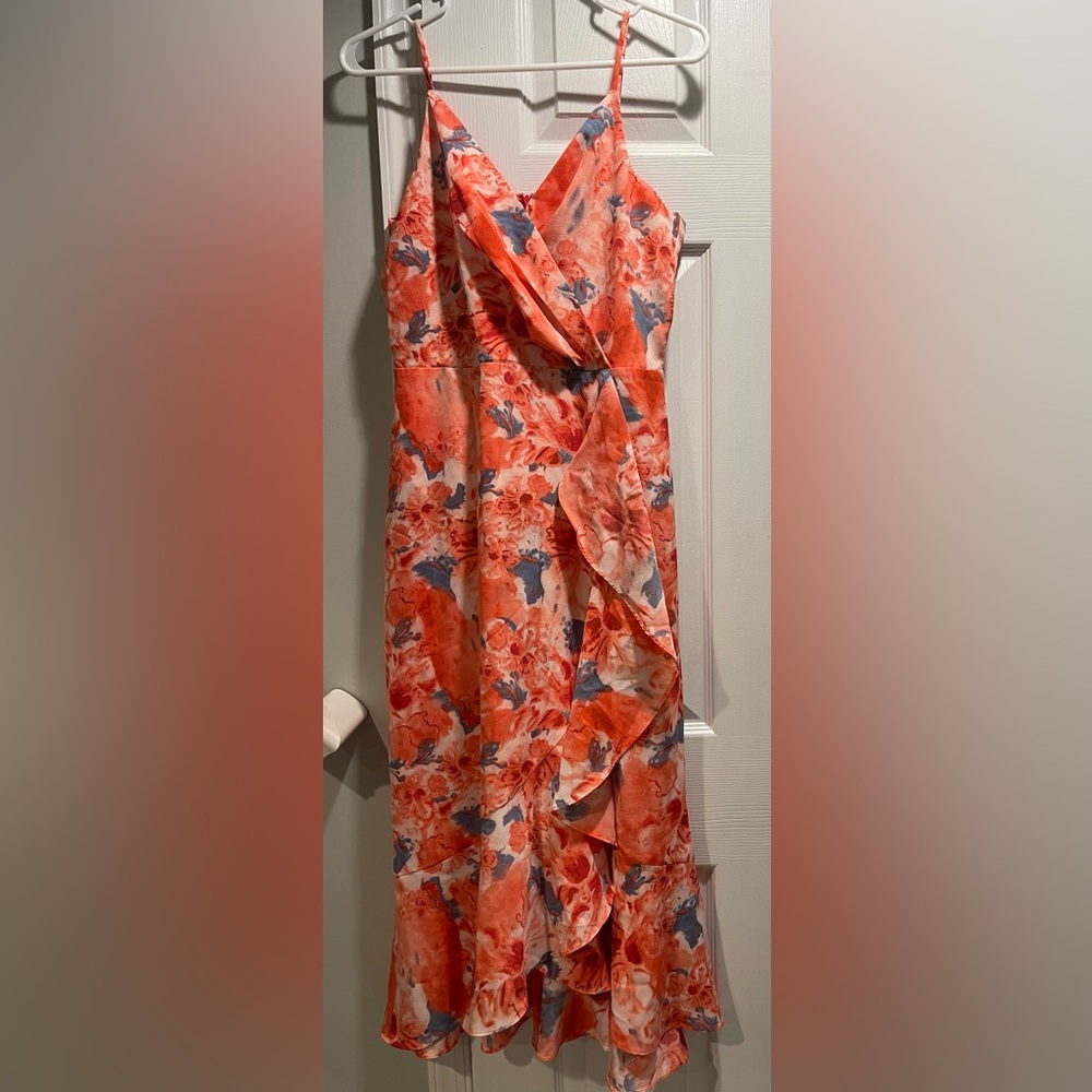 Chelsea28 Floral Orange and Blue Midi Dress